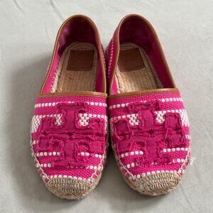 Tory Burch Sz 7 Shaw Espadrille Woven Flats Slip On Hibiscus Flower Pink Tan